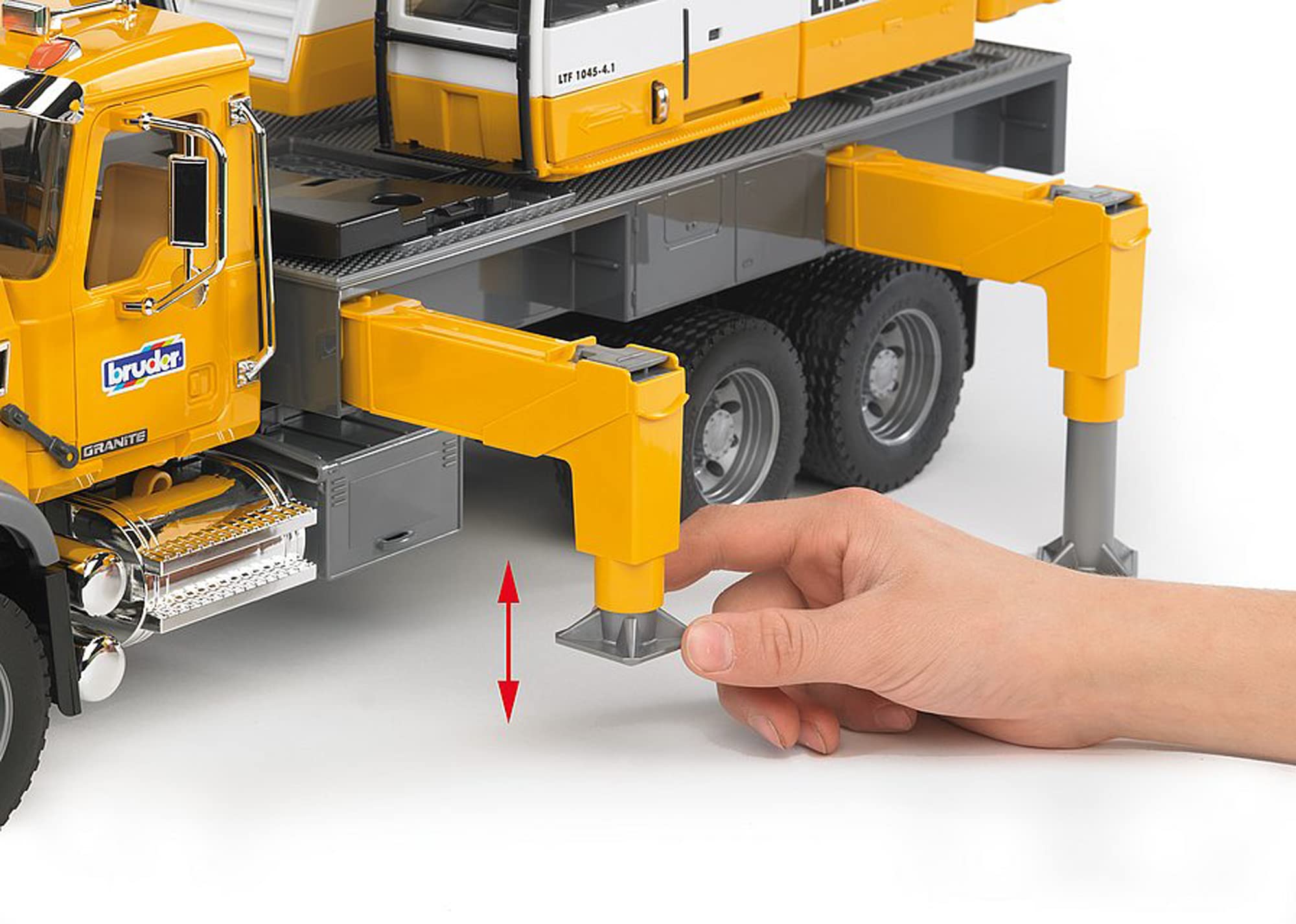Bruder crane truck with four outriggers for maximum stability