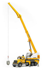 Bruder crane truck with swing-out mirrors and hood view