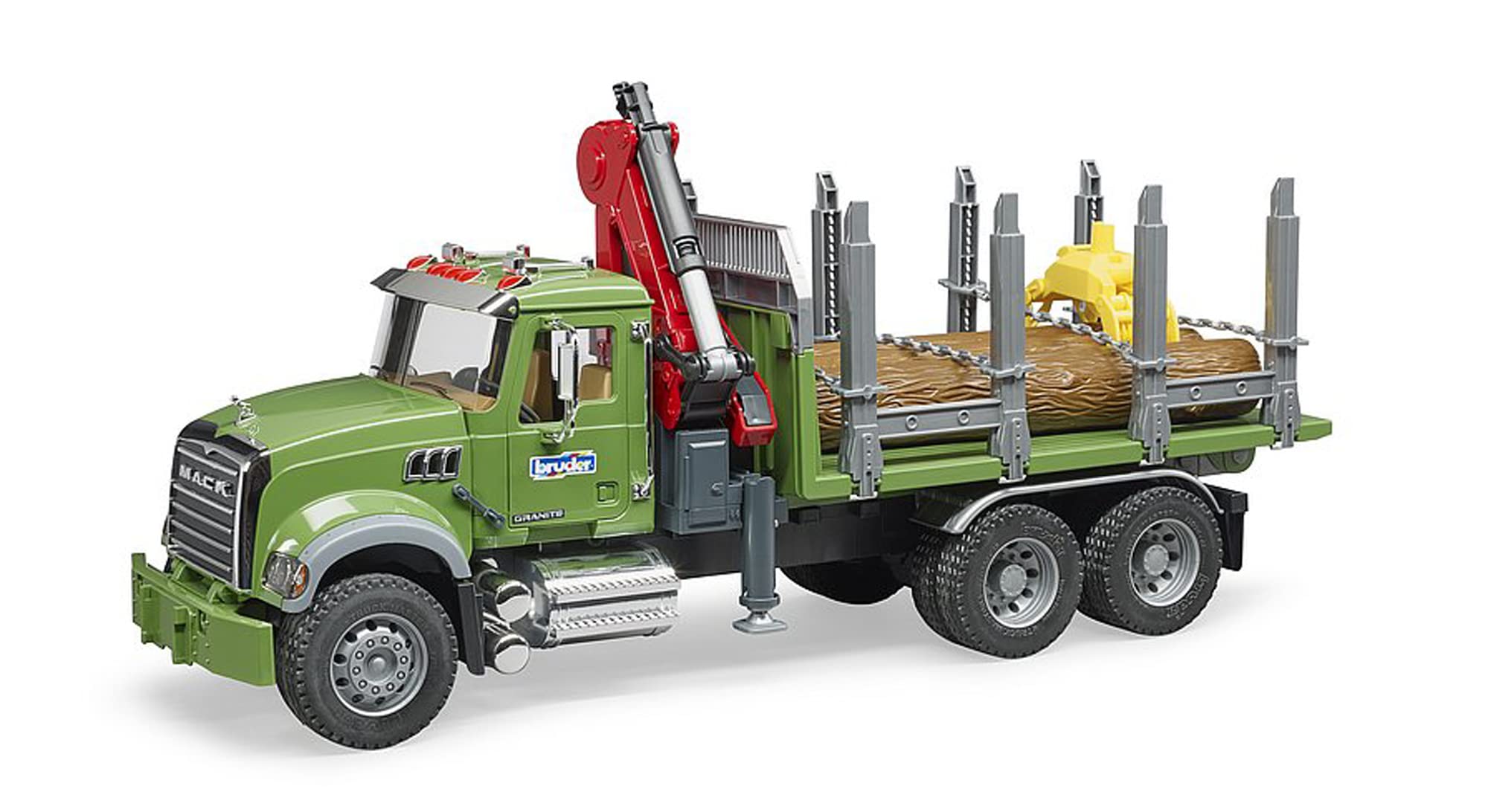 Bruder Mack Granite log grabber ready to lift timber safely.