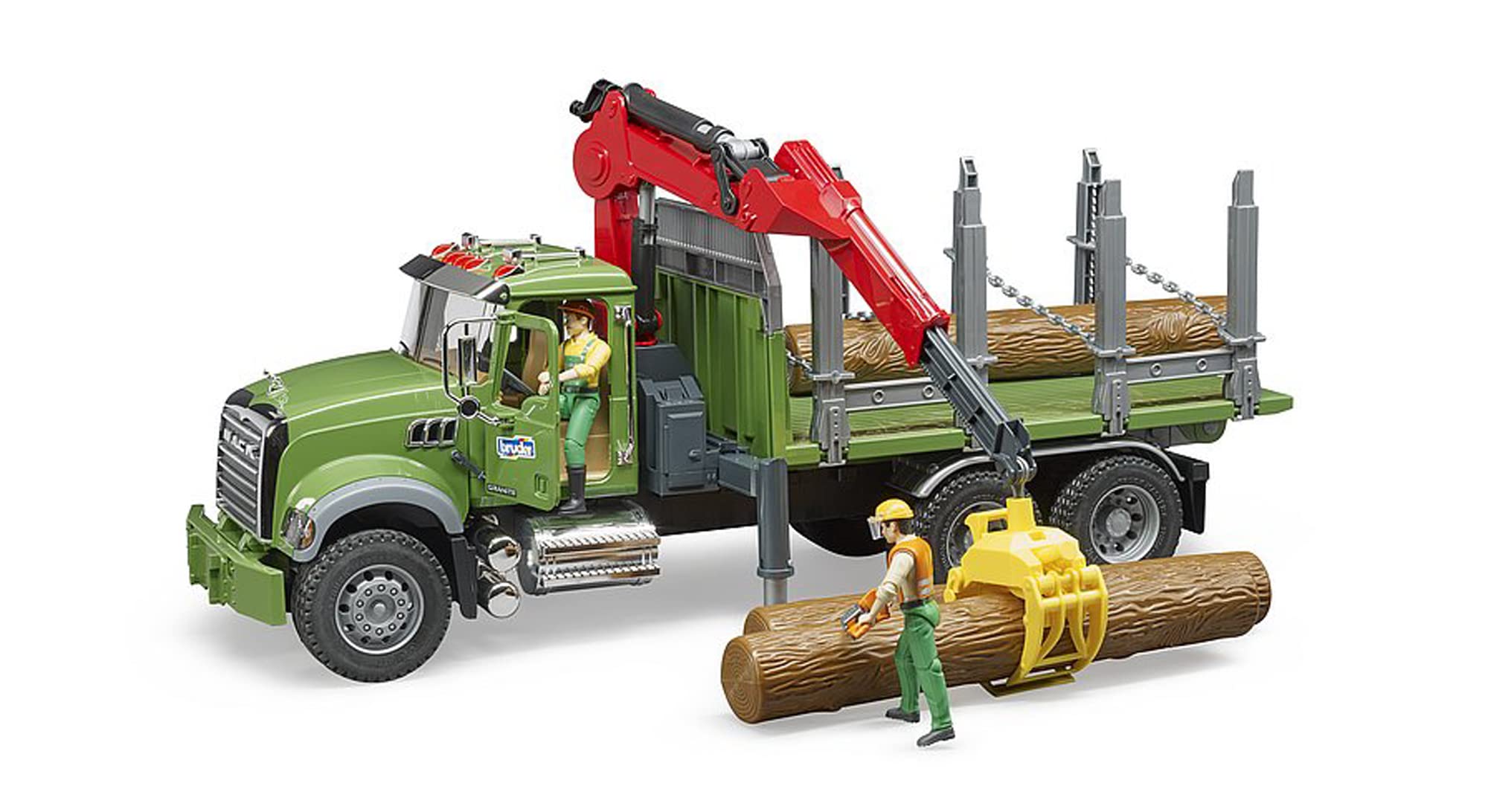 Bruder Mack Granite three timber logs included for immediate setup.