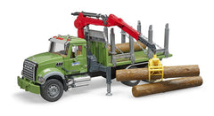 Bruder Mack Granite timber truck crane in action for secure loading.