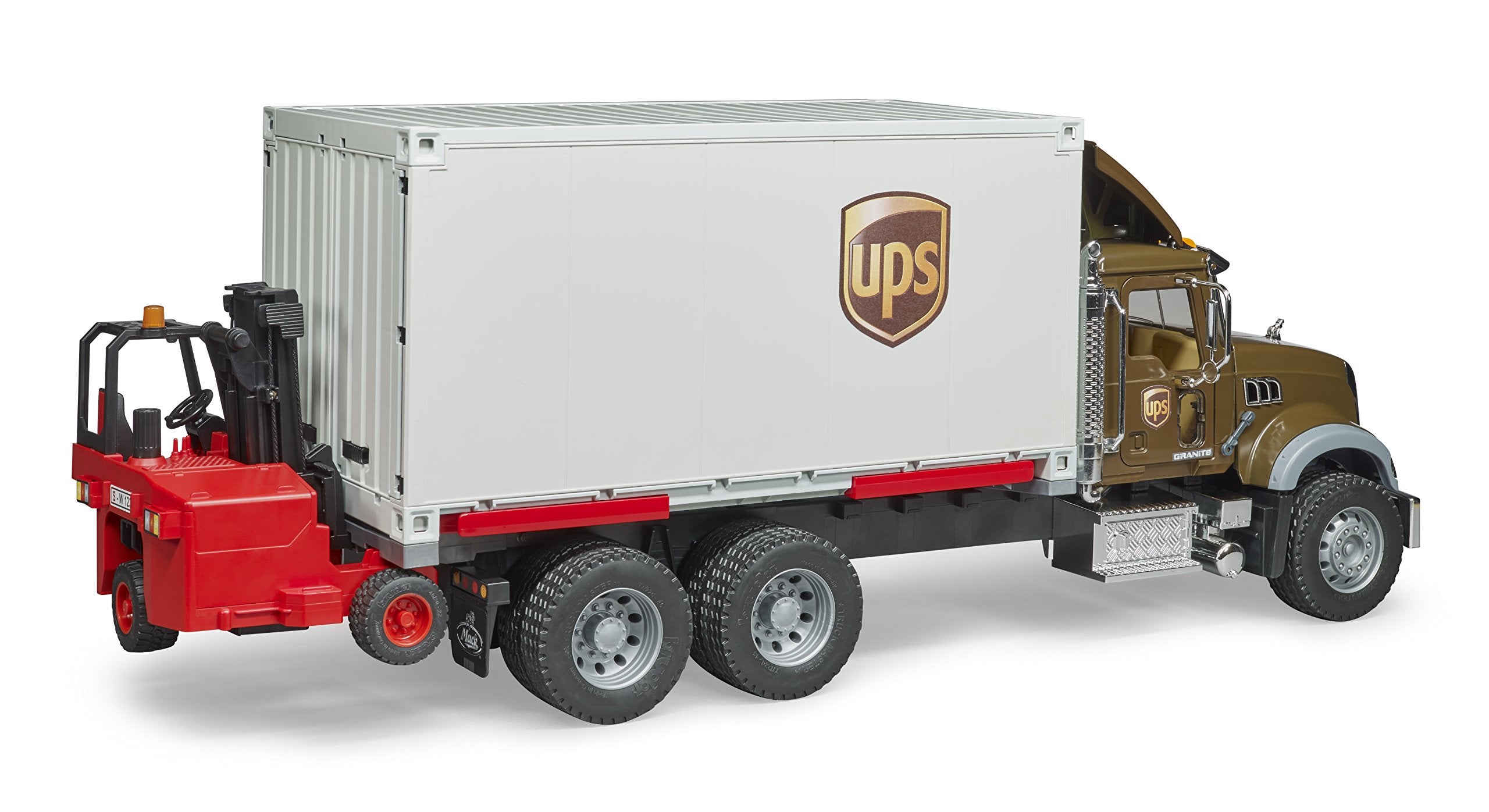Bruder Mack Granite UPS truck features fold-out legs for stable display.