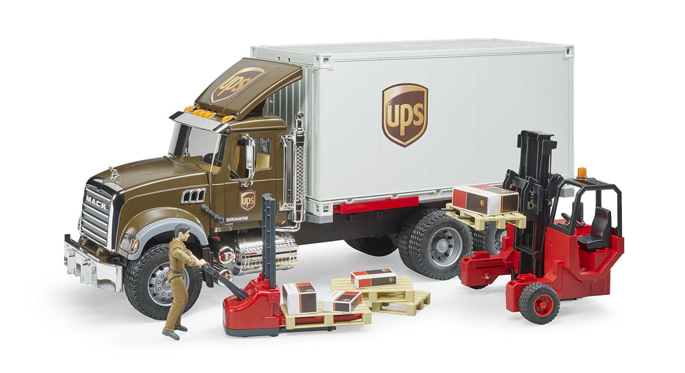 Bruder Mack Granite UPS forklift helps maneuver in confined spaces.