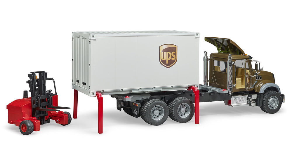 Bruder Mack Granite UPS truck with interchangeable unit for flexible loading scenarios.