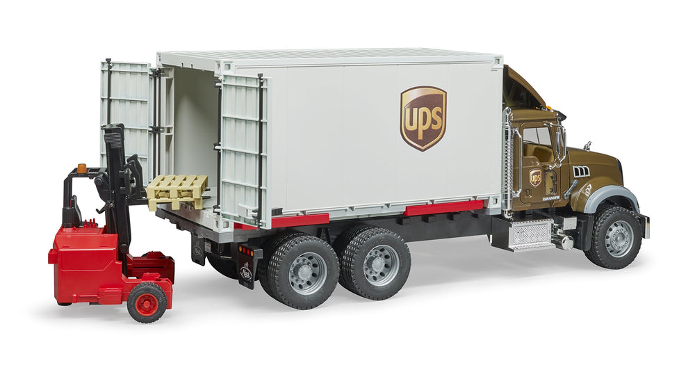 Bruder Mack Granite UPS truck includes rear doors that open for loading.