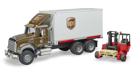 Bruder Mack Granite UPS truck with authentic cab and chrome accents for realistic play.