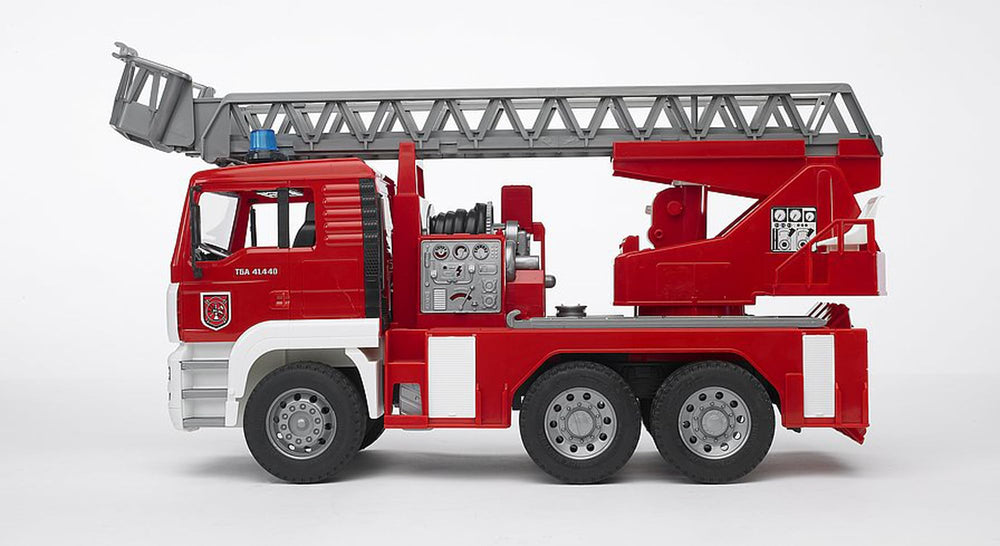 Crane extended on Bruder fire engine showing 360-degree rotation for versatile rescues