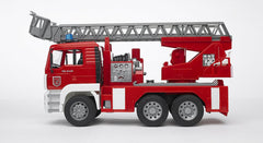 Crane extended on Bruder fire engine showing 360-degree rotation for versatile rescues