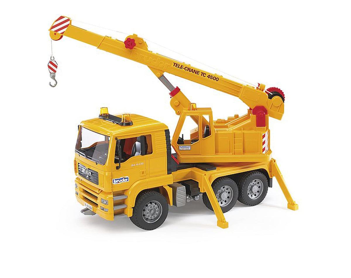 Bruder Man TGA crane truck with open engine cab for realistic pretend play