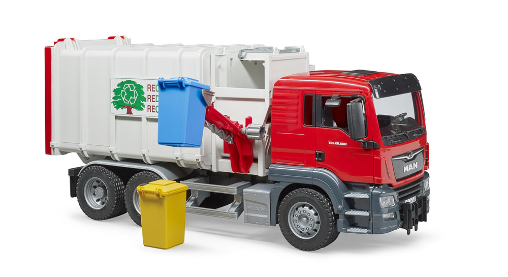 Bruder Man TGS rear tailgate opens for realistic emptying sequences.