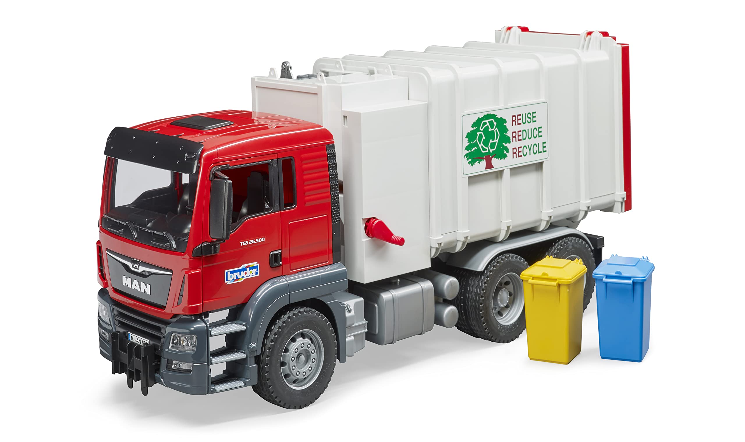 Bruder Man TGS side lifter arm shows authentic bin pickup for pretend service.