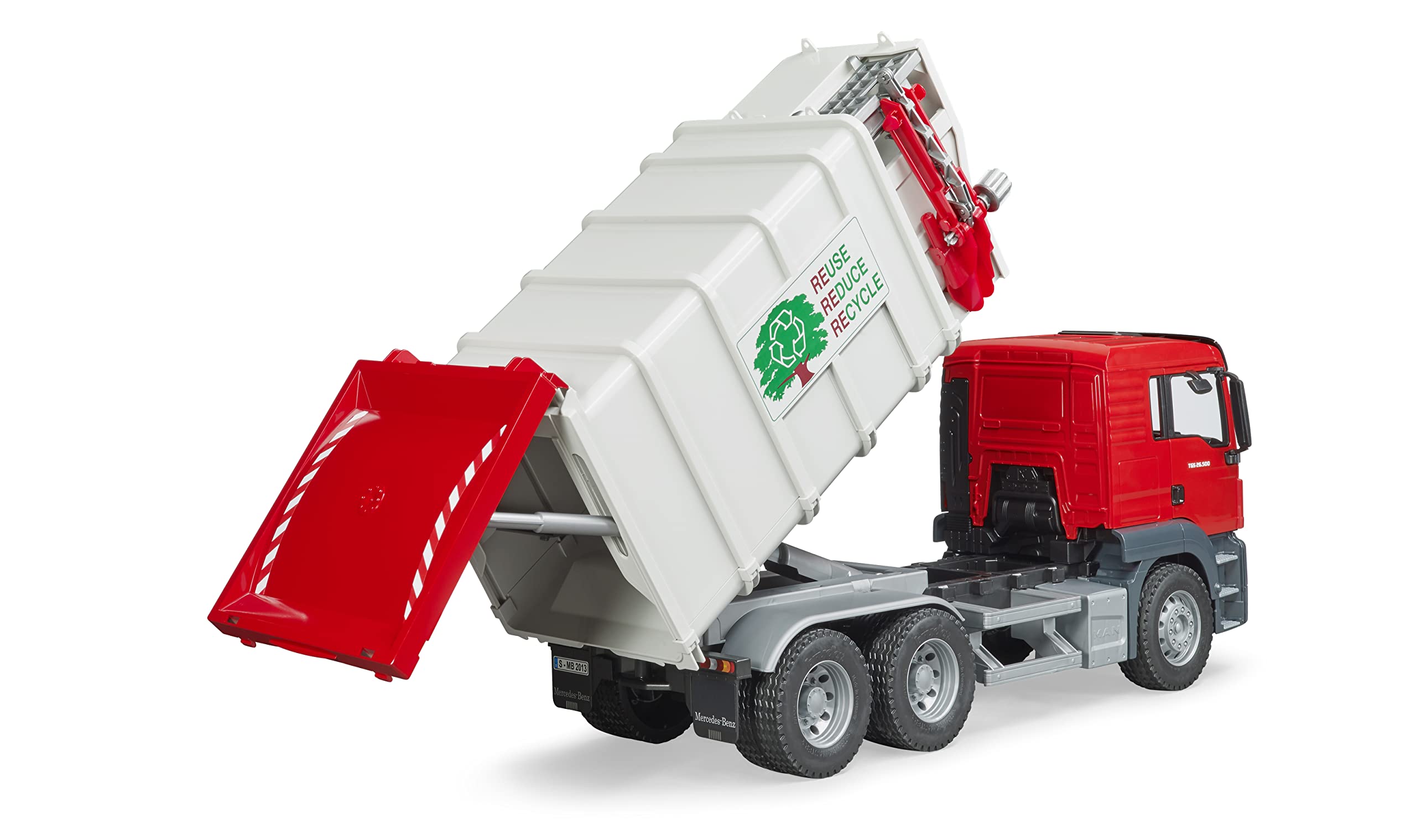 Bruder Man TGS tilting loading body enables believable waste unloading.