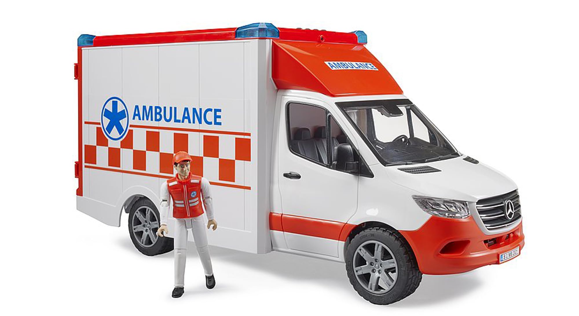 Bruder MB Sprinter ambulance side doors open for hands-on access.