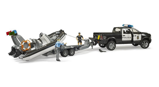 Bruder police boat with control console enables realistic water rescue scenarios for kids.