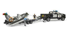 Bruder police boat with control console enables realistic water rescue scenarios for kids.