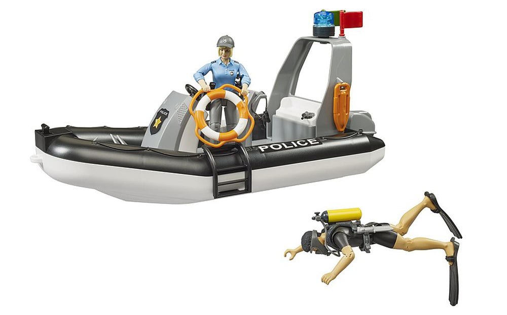 Bruder police pickup tailgate open showing practical storage for gear and boats.