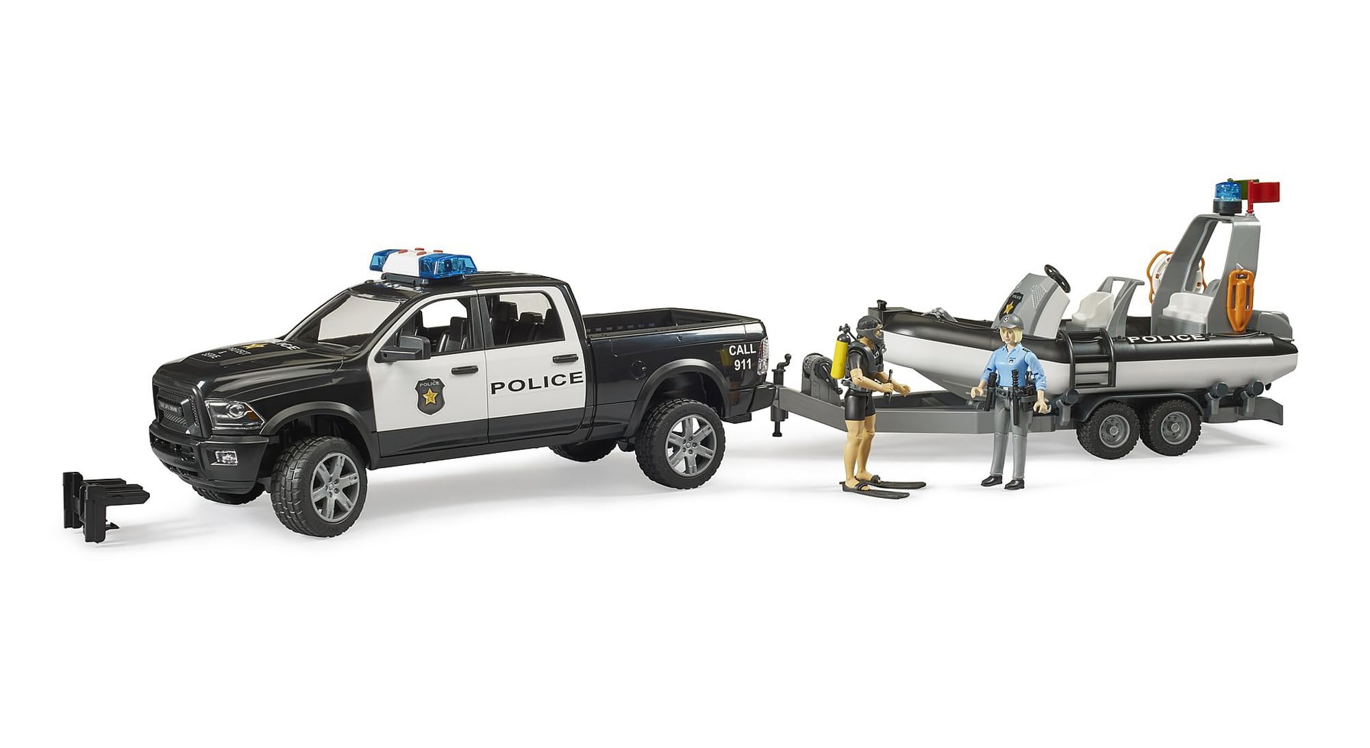 Bruder RAM 2500 police pickup with roof light and sound module for authentic emergency play.