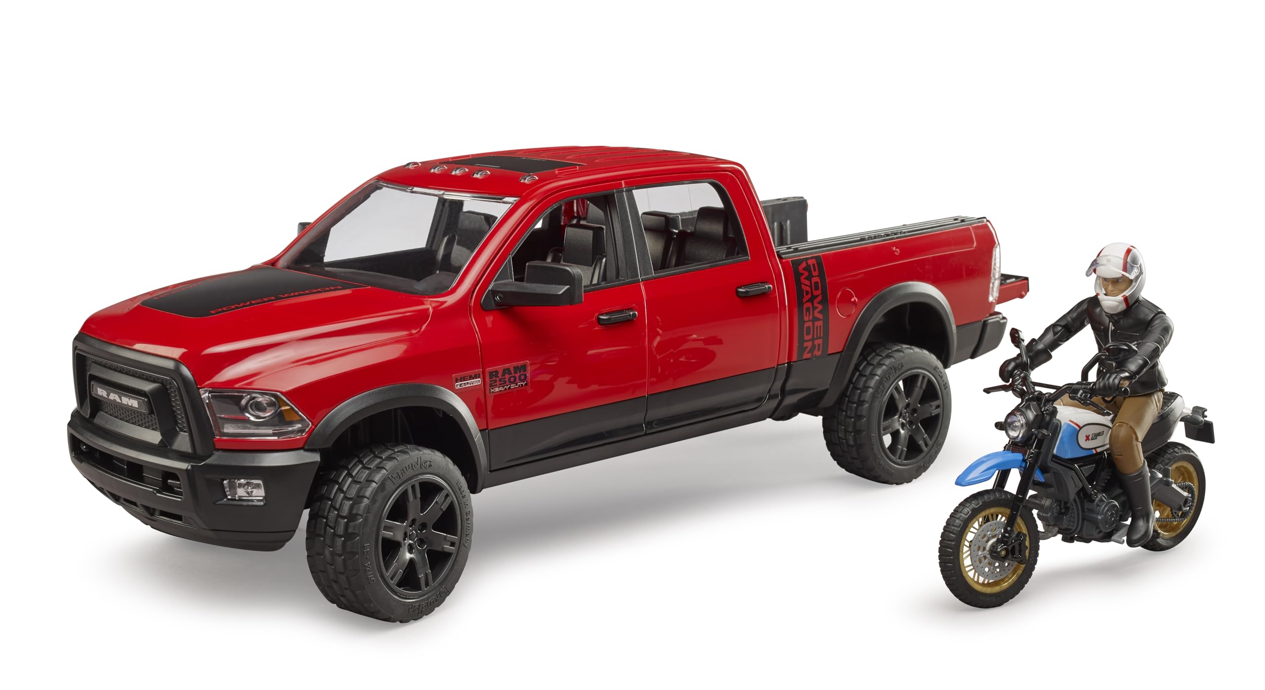 Bruder Ram 2502 tailgate with transport bracket enables secure loading.