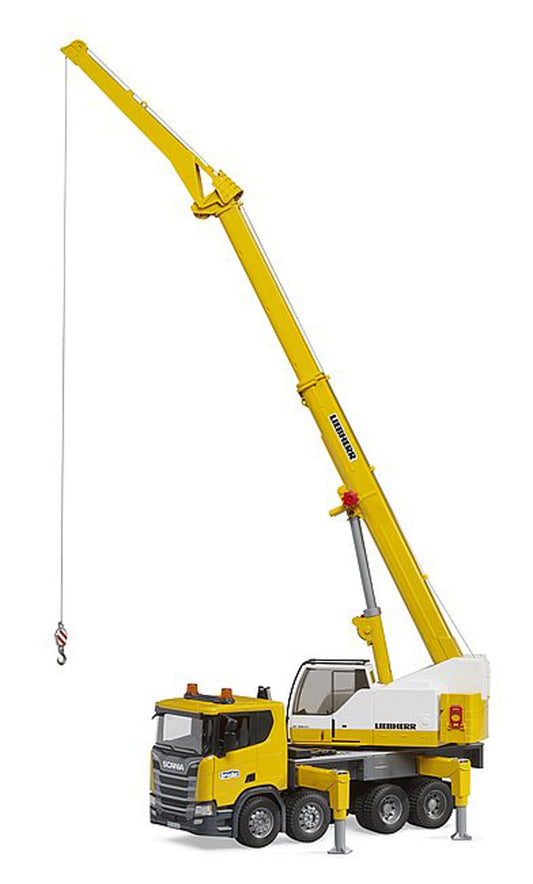 Bruder Scania crane truck extendable boom fully extended for tall construction tasks