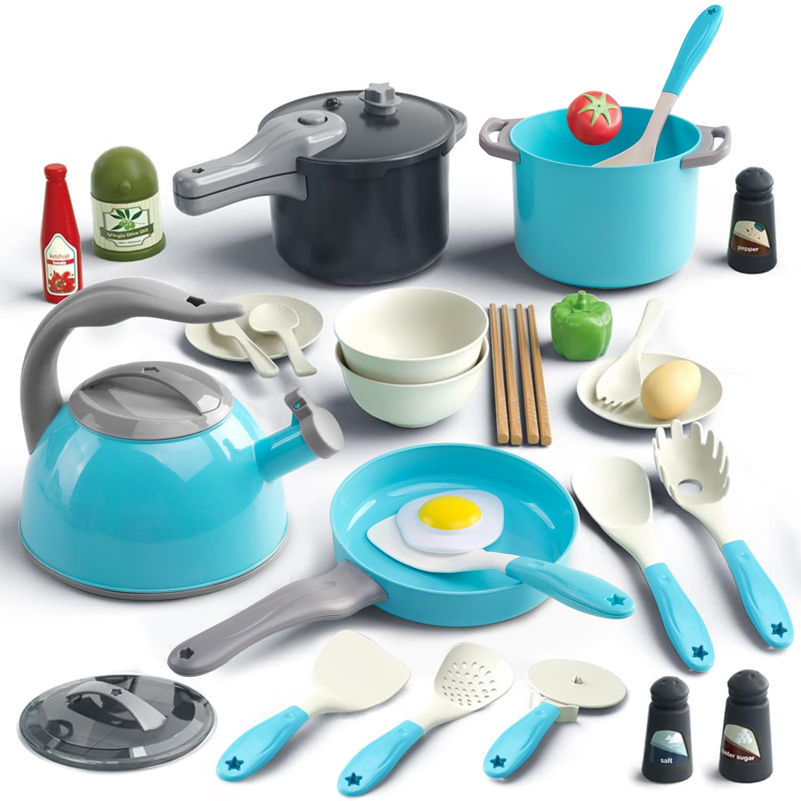 Bruvoalon 32Pcs kids kitchen set teal for imaginative play and role-play meals.