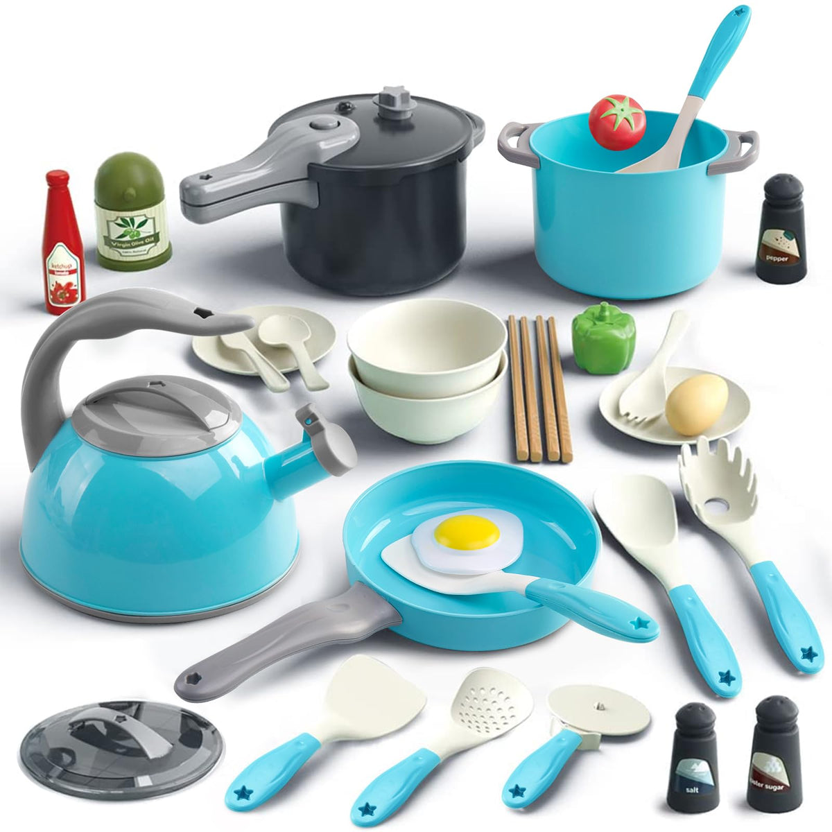 Bruvoalon 32Pcs kids kitchen set teal for imaginative play and role-play meals.
