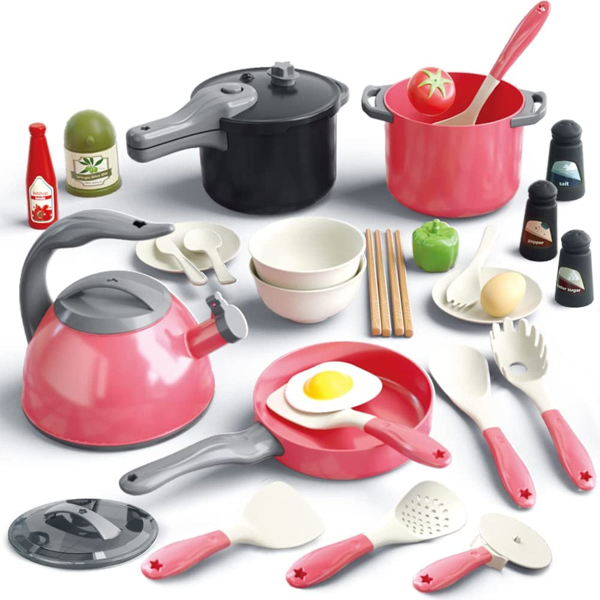Bruvoalon 32Pcs play kitchen pressure cooker promotes imaginative cooking and pretend play.