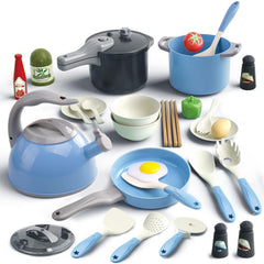 Bruvoalon 32-piece kitchen set with teal cookware, boosting imaginative play.