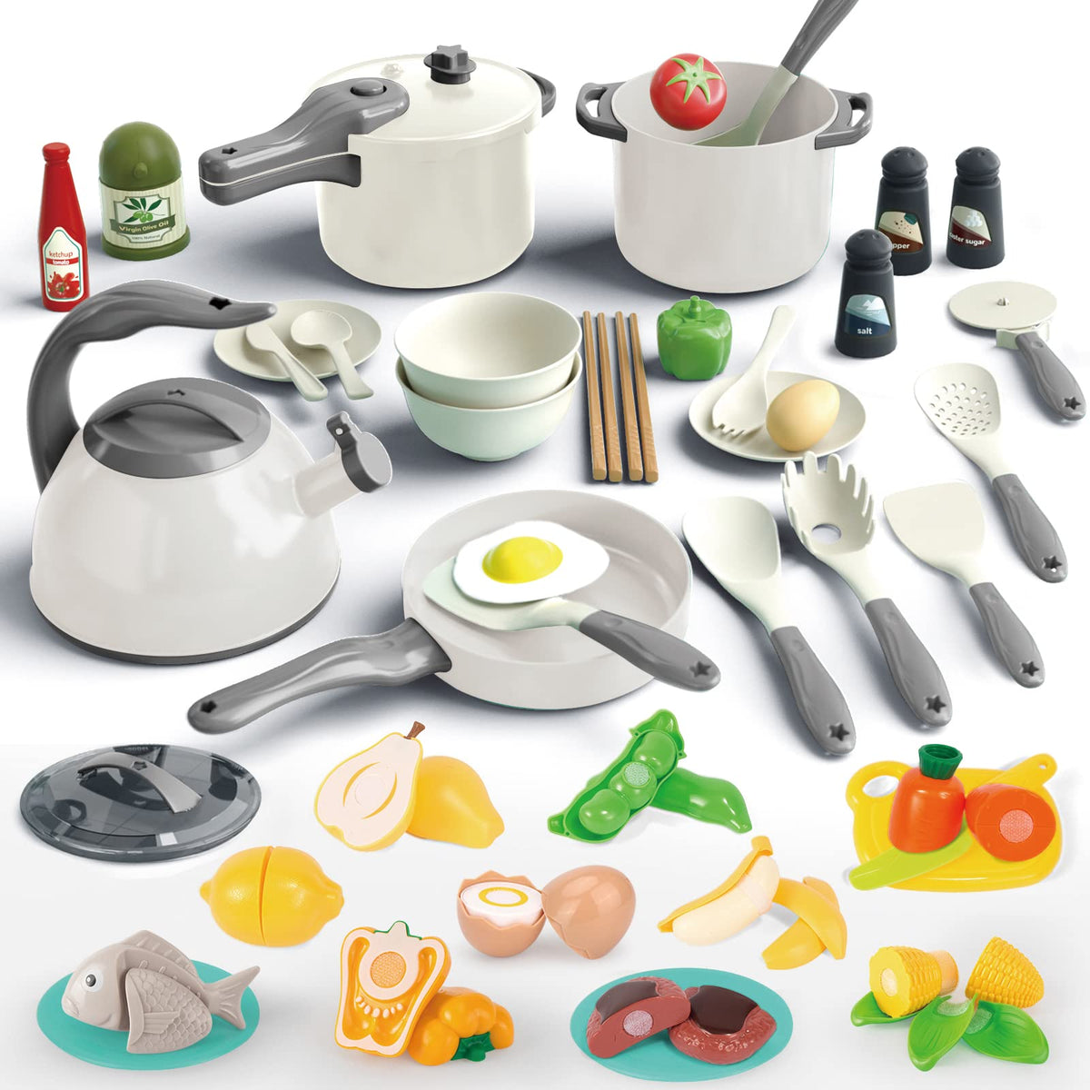 Bruvoalon 67-piece play kitchen with teal pressure cooker for imaginative cooking.