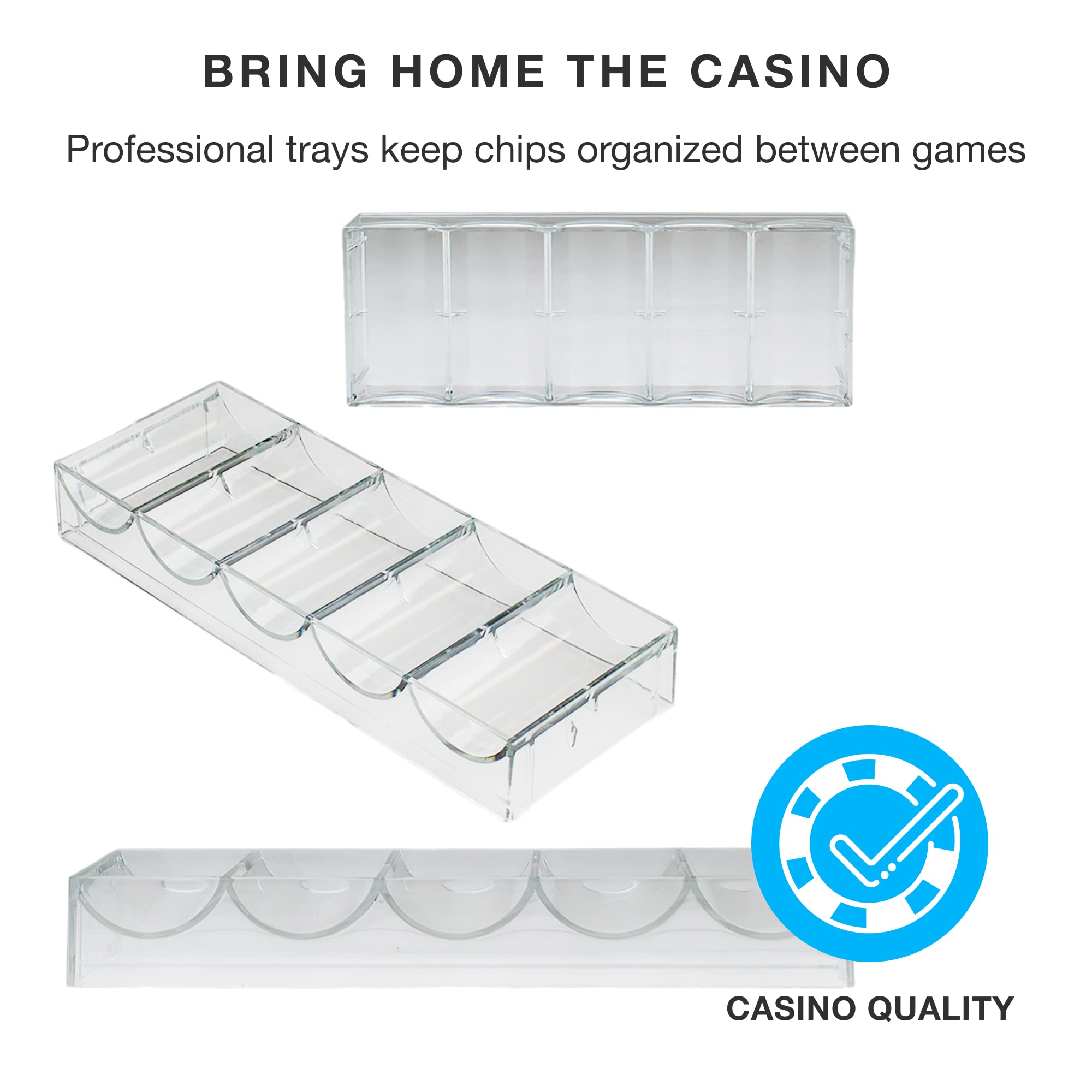 Set of Brybelly clear acrylic chip trays organized for game night