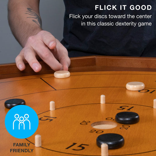 Brybelly crokinole discs in black and white ready for action.