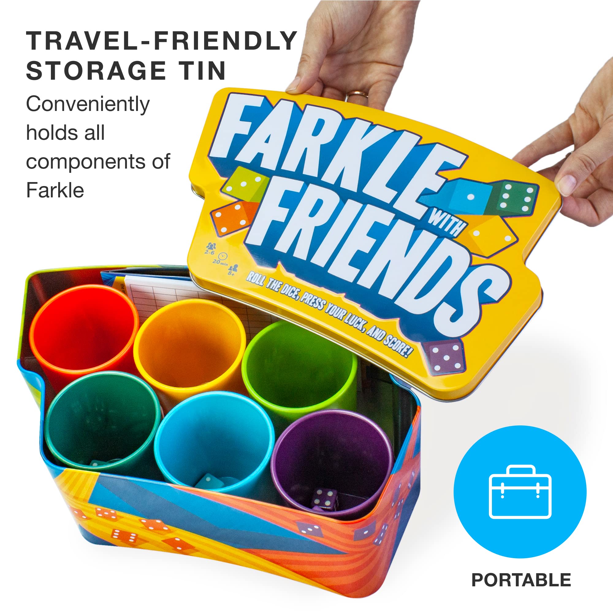 Brybelly Farkle with Friends travel tin storage keeping components organized.
