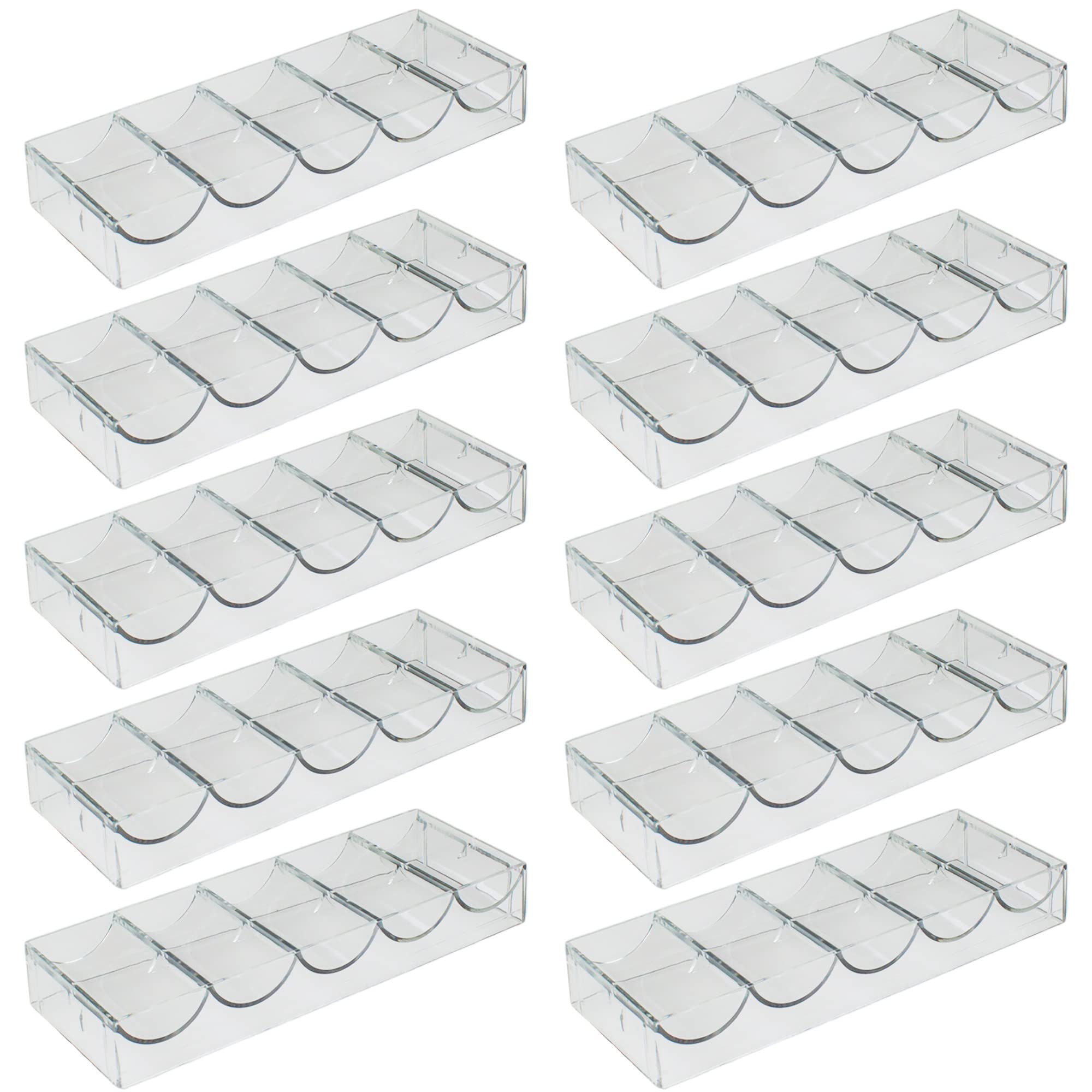 Brybelly clear acrylic poker chip tray showing 100-chip capacity for standard chips