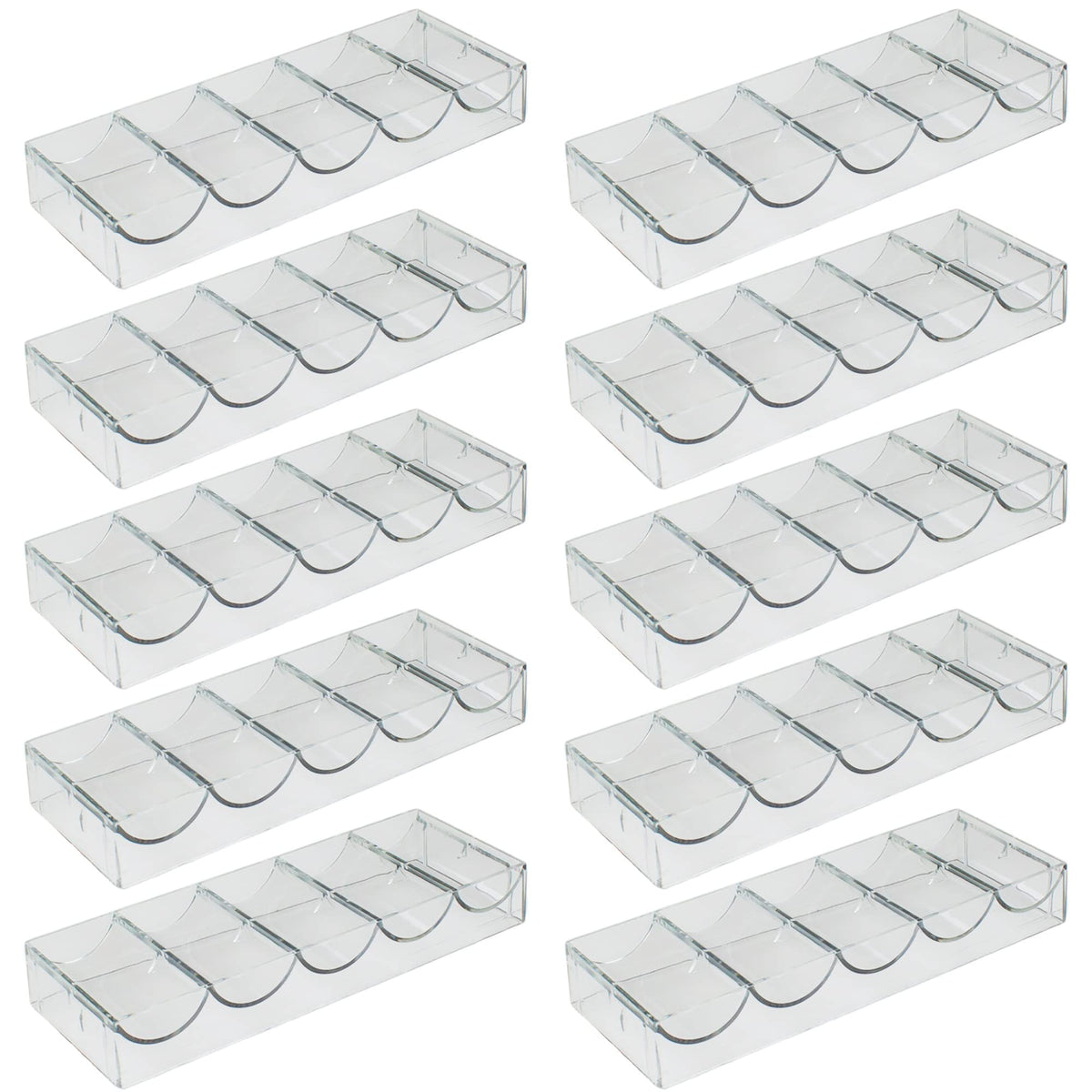 Brybelly clear acrylic poker chip tray showing 100-chip capacity for standard chips