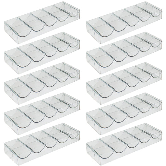Brybelly clear acrylic poker chip tray showing 100-chip capacity for standard chips