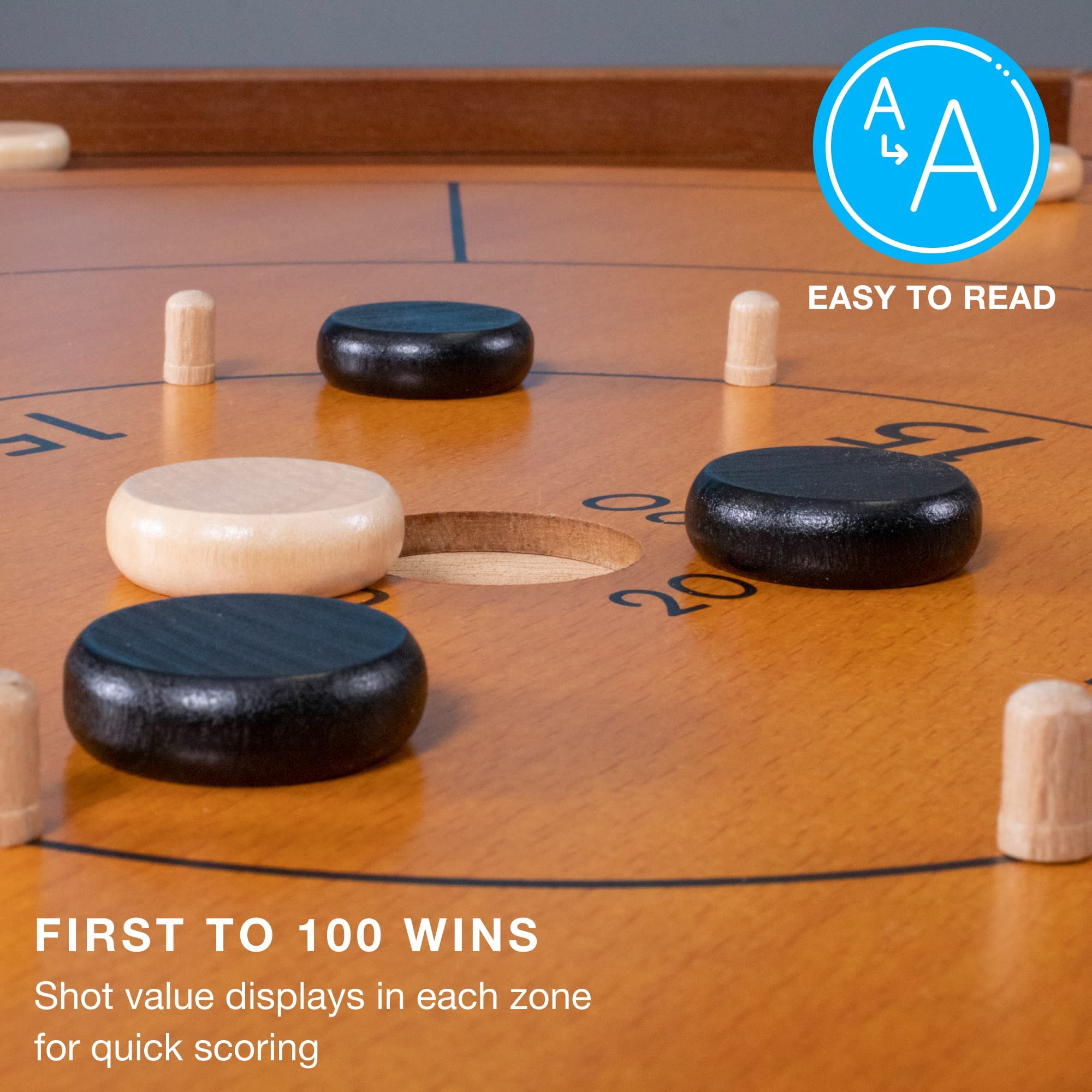 Close-up of Brybelly crokinole board wood finish for smooth play.