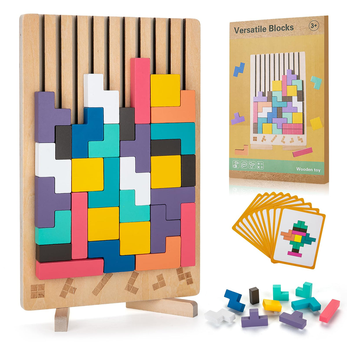 BSADIY Montessori wooden stacking puzzle with 42 blocks for creative play