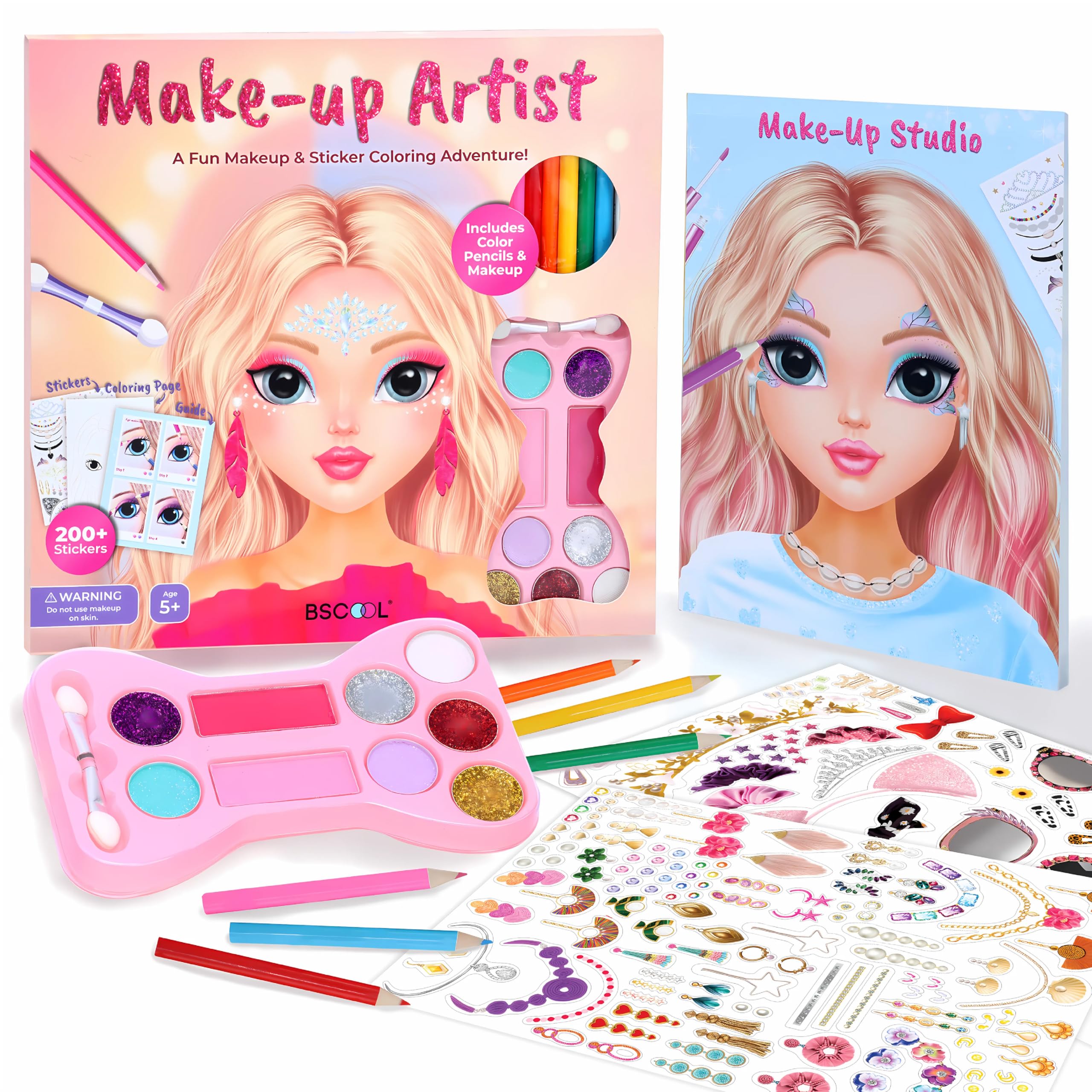 BSCOOL Make-up Artist 3-in-1 kit with pencils, palette, and stickers for creative play.