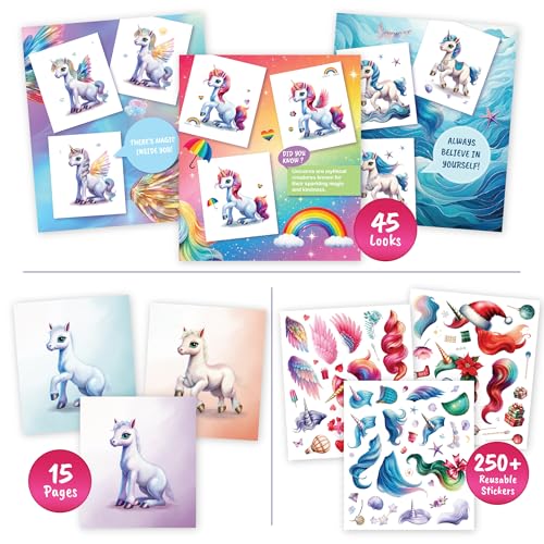 BSCOOL Sticker Dress Up Unicorn detailed guides highlighting easy outfit combos