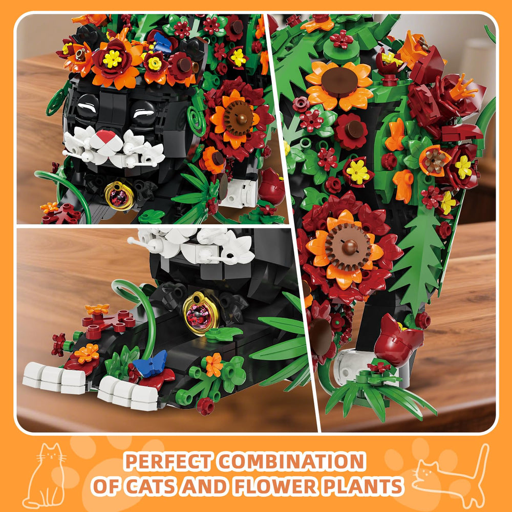 Blue morpho butterfly detail brightens the floral cat design