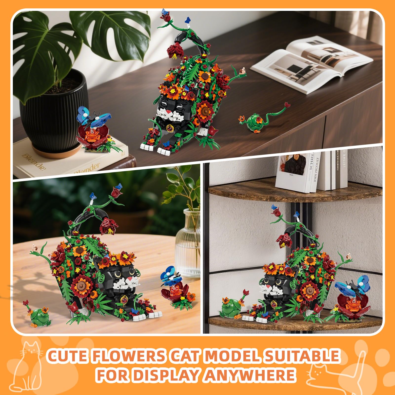 Two replaceable eyes with butterfly and plant ball accents on the cat