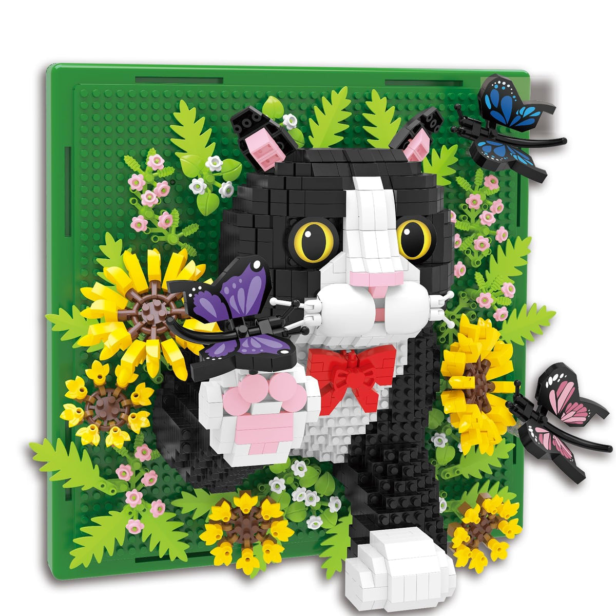 BseSparklion Flowers Tuxedo Cat wall art assembled on the wall with vibrant blocks.
