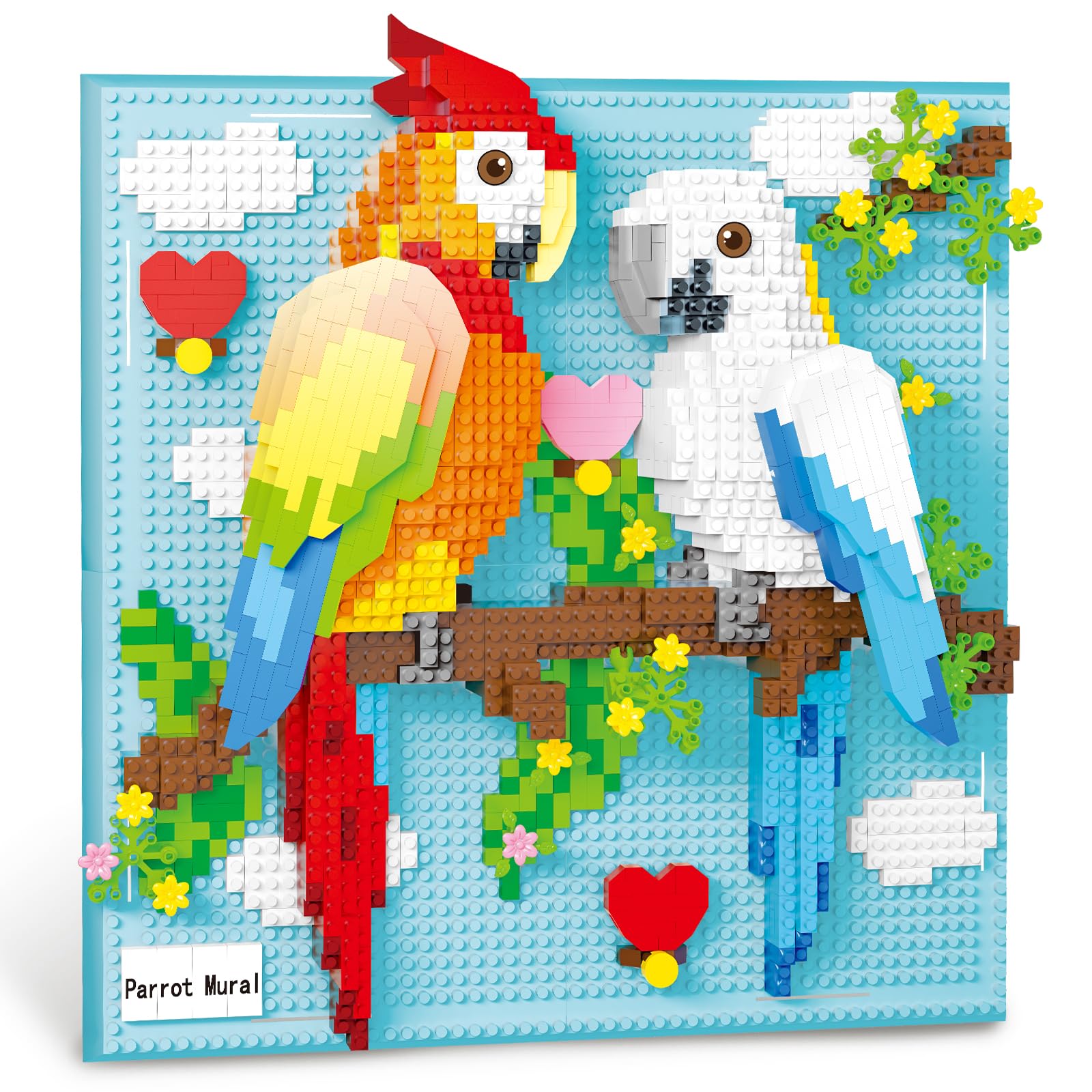 BseSparklion parrot 3D wall art assembled with 1700 micro blocks for a vibrant display.