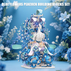 Close‑up of BseSparklion peacock with blue flowers details
