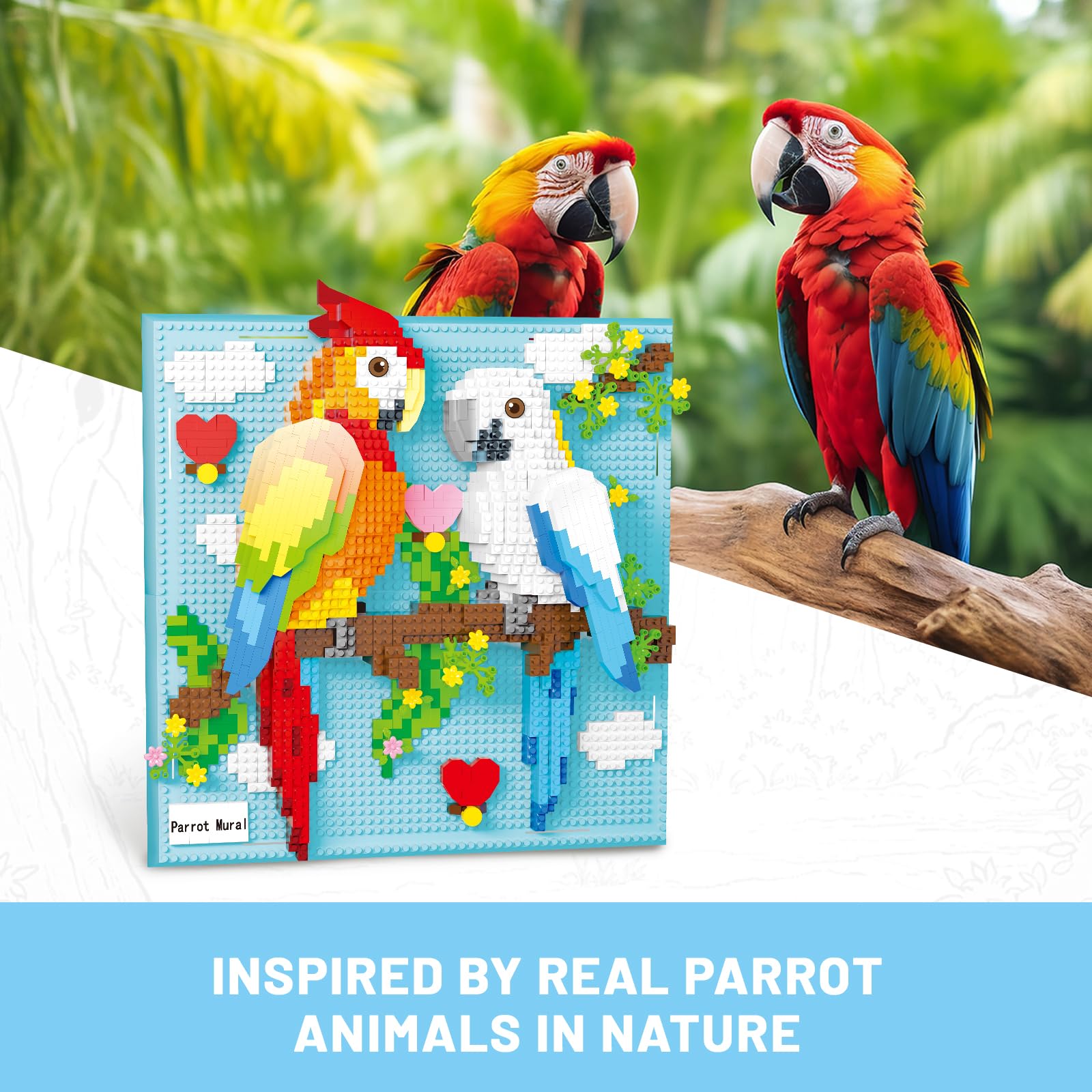 Table-ready parrot art on a stand, enhances a desk or shelf.