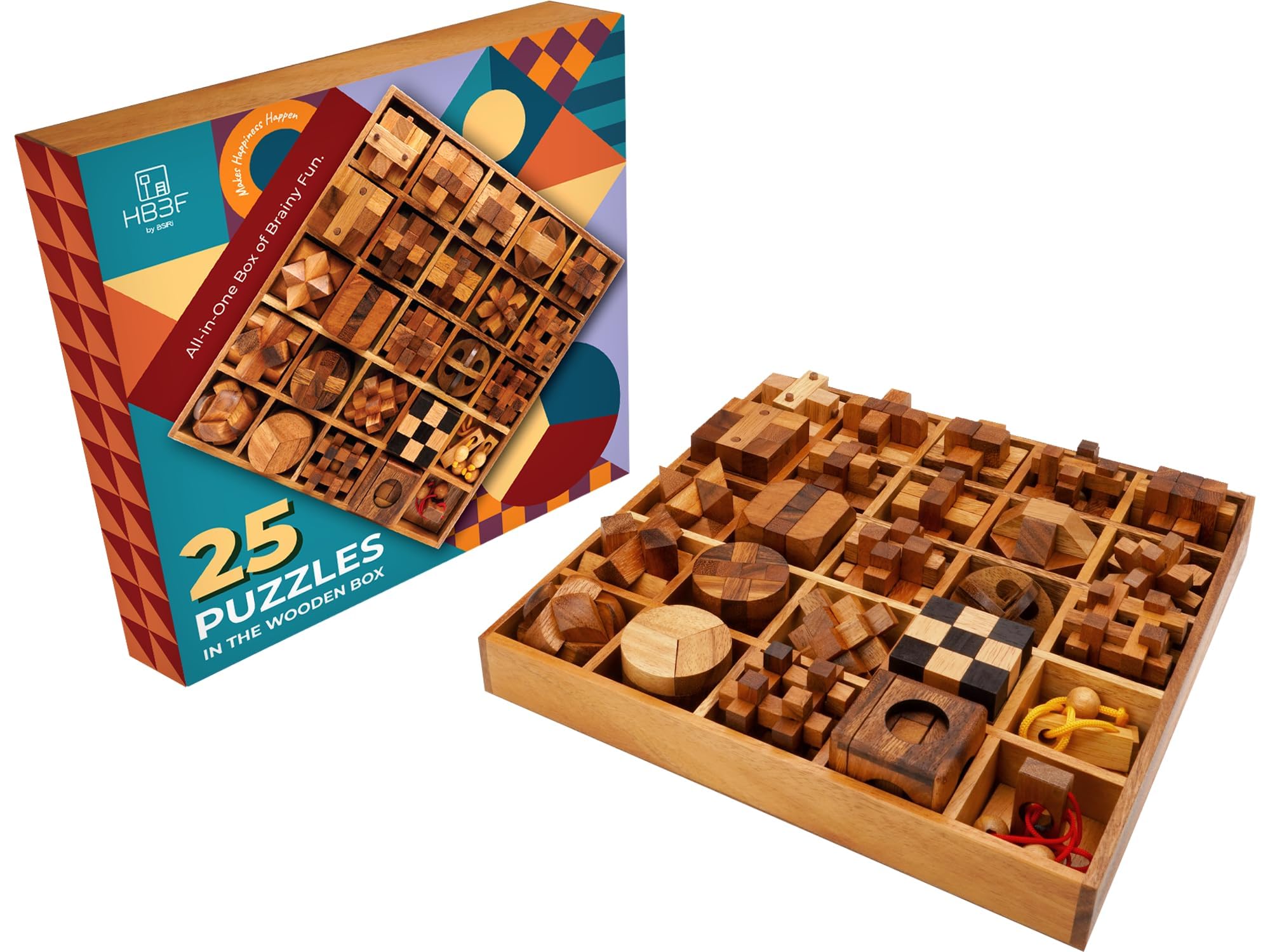 BSIRI 25 in 1 wooden brain teaser front view with interlocking pieces