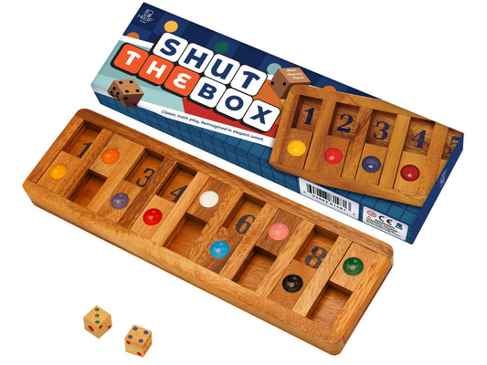 BSIRI Shut The Box wooden box close-up showing counting practice with dice.