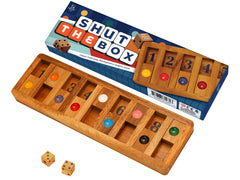 BSIRI Shut The Box wooden box close-up showing counting practice with dice.