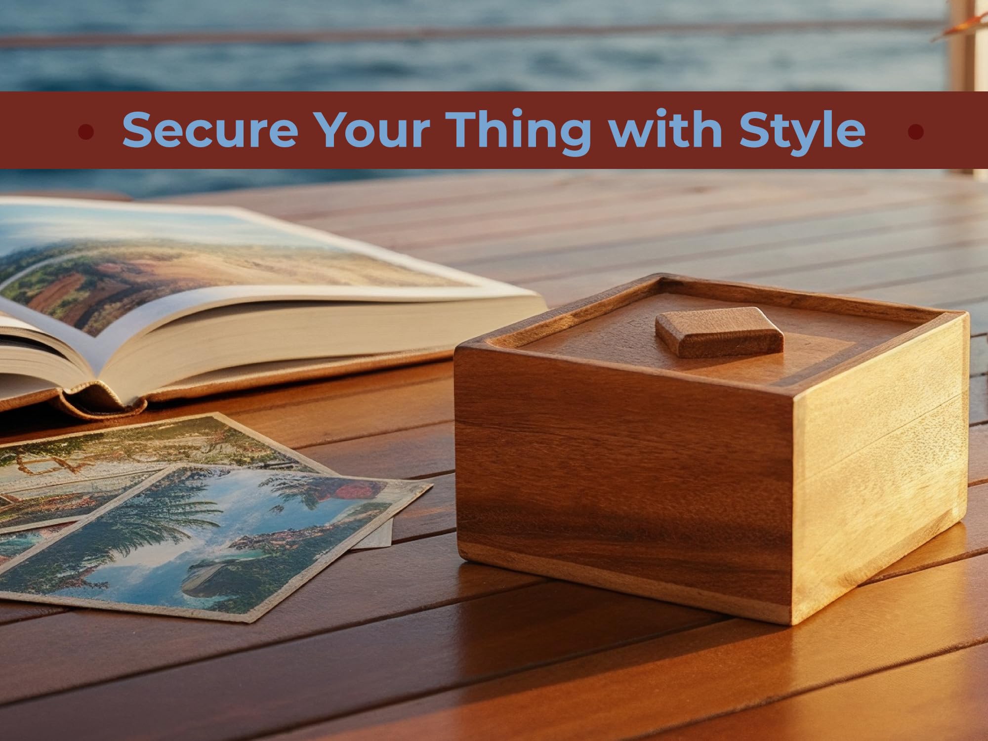 BSIRI Treasure Riddle Box wood grain detail emphasizing durable, stylish storage.
