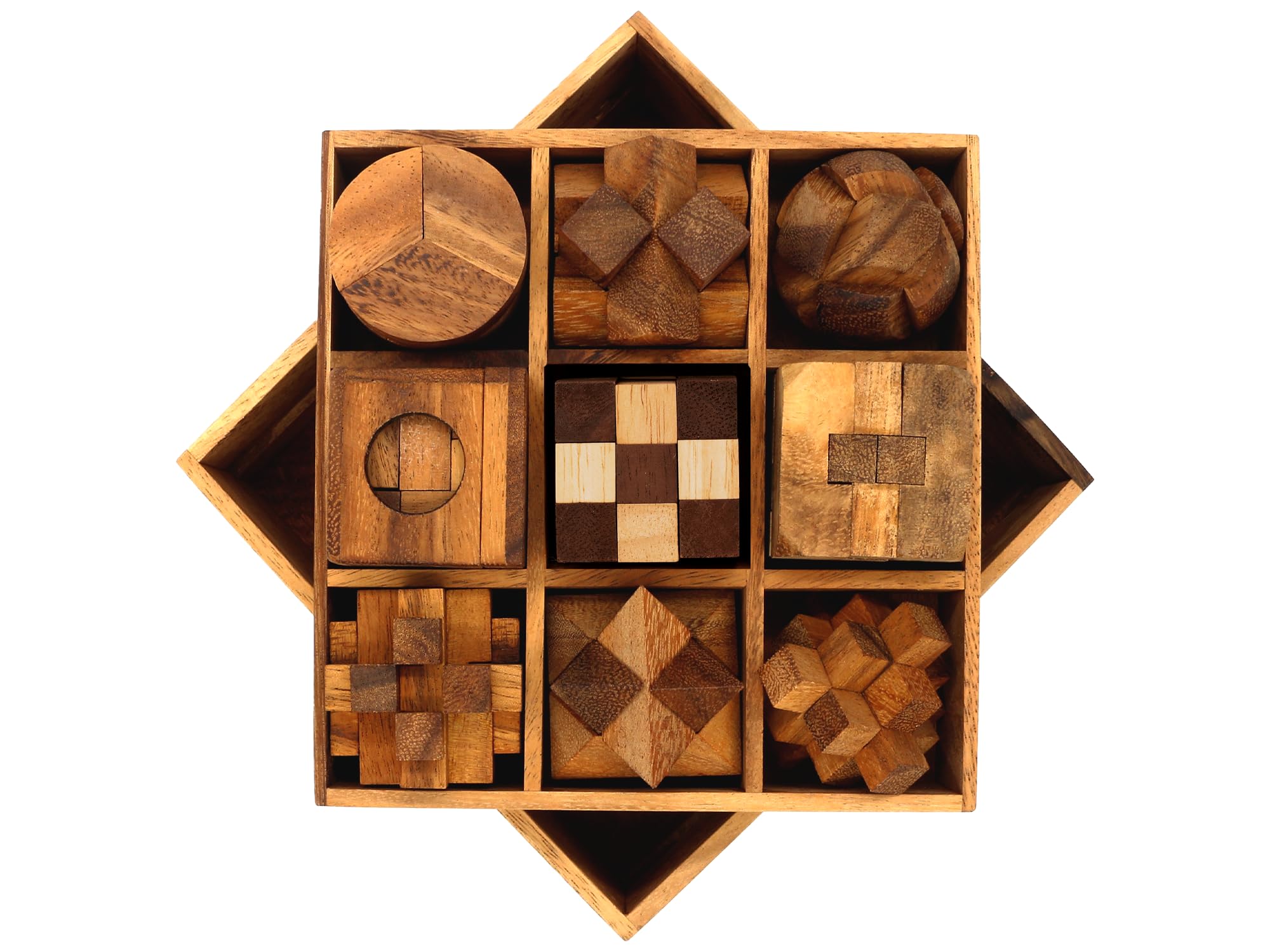 BSIRI wooden brain teaser hand placing pieces during puzzle solving