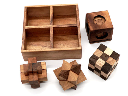 BSIRI wooden puzzle box set close-up interlocking pieces for mental challenge.